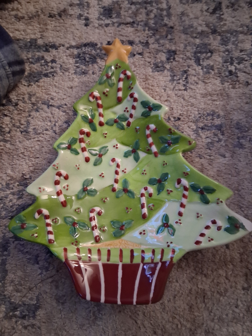Green Ceramic Christmas Tree Candy Cane Serving Platter